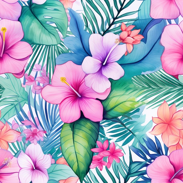 Tropical flowers and leaves are painted in a watercolor style generative ai