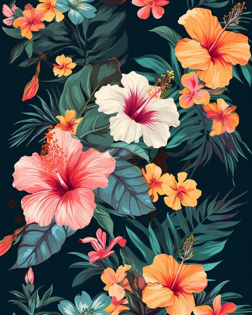 Tropical flowers and leaves on a dark background generative ai