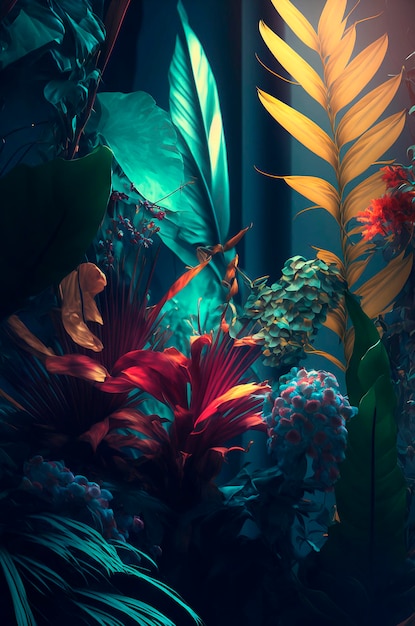 Tropical flowers and leaves on a dark background