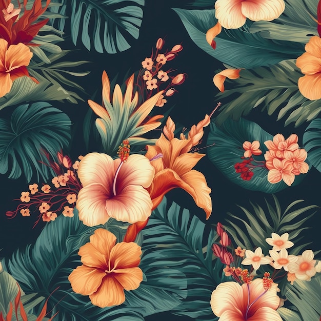 Tropical flowers and leaves on a dark background.