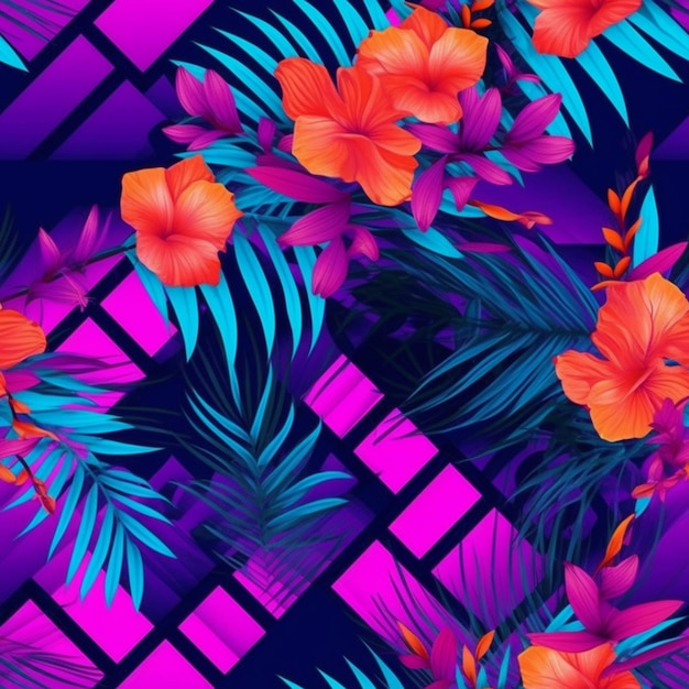 Tropical flowers and leaves on a geometric background generative ai