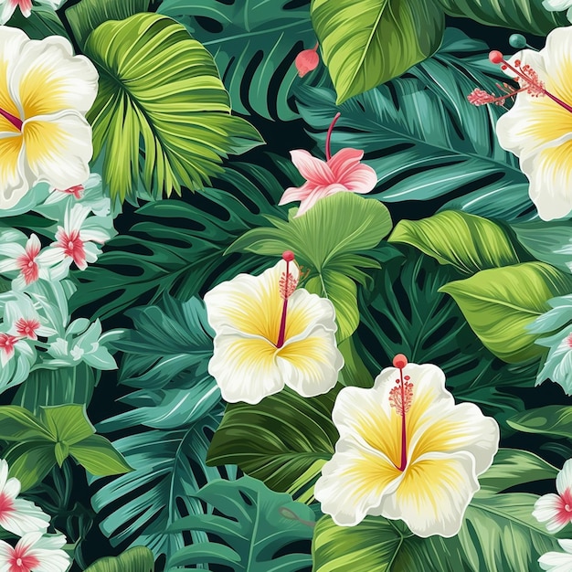 Photo tropical flowers and leaves seamless background generative ai