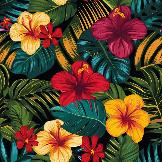 Photo tropical flowers and leaves seamless pattern background generative ai