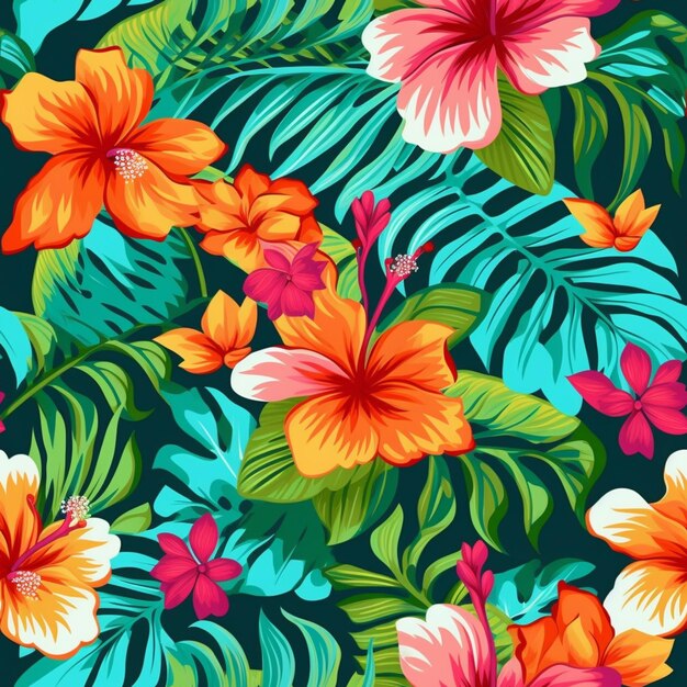 tropical flowers and leaves seamless pattern generative ai