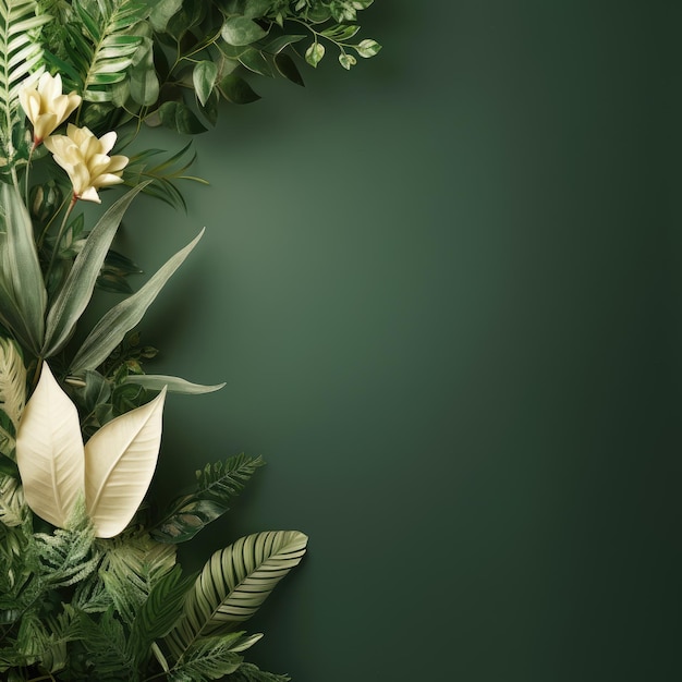 Tropical flowers and leaves with green copy space background