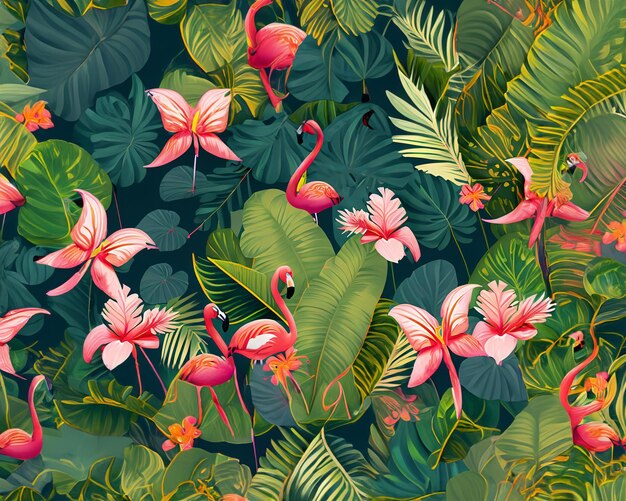 Tropical flowers plants leaves and flamingos Vector illustration of exotic patterns Hawa