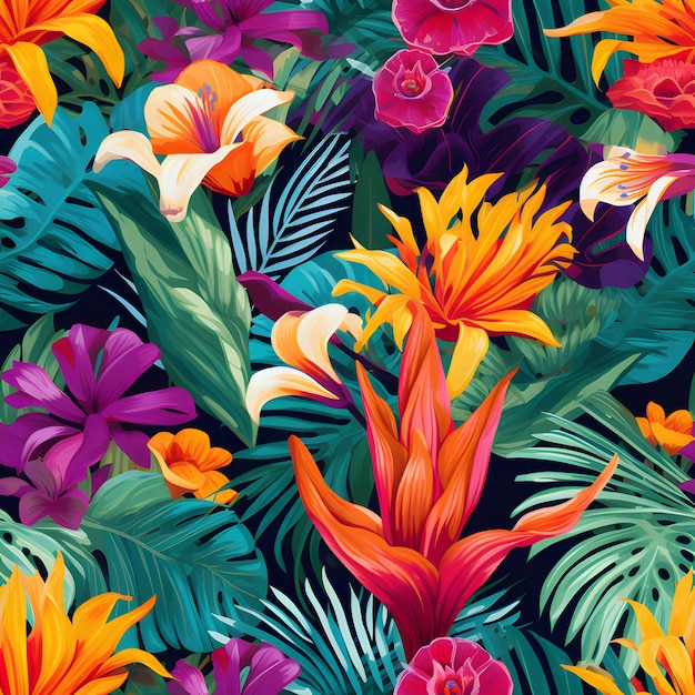 Tropical flowers seamless pattern wallpaper background ai generated