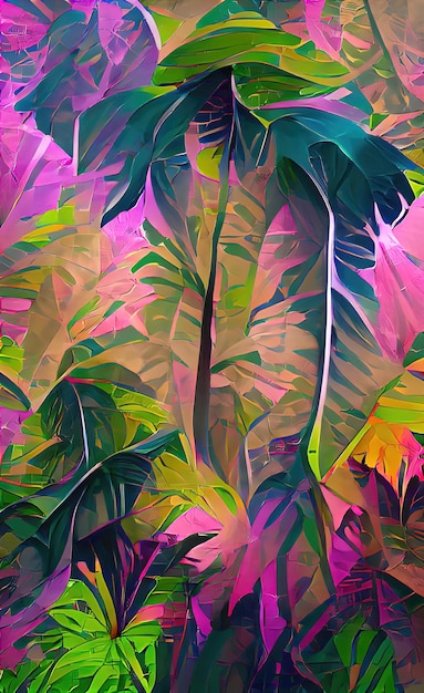 Fogliame tropicale foglie di banana giungla palma monstera foglie colorate sfondo floreale tropicale un elemento di design tessile e decorazione 3d illustrazione