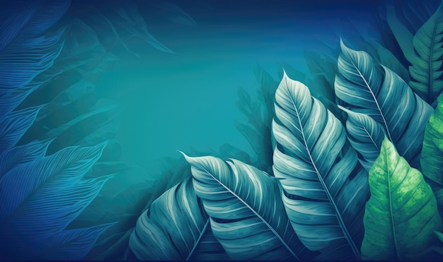 Tropical Foliage in Dreamy Blue Space Background