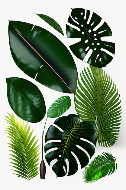 Cespuglio di piante con fogliame tropicale foglie di palma monstera calathea cordyline o felci di piante hawaiane ti