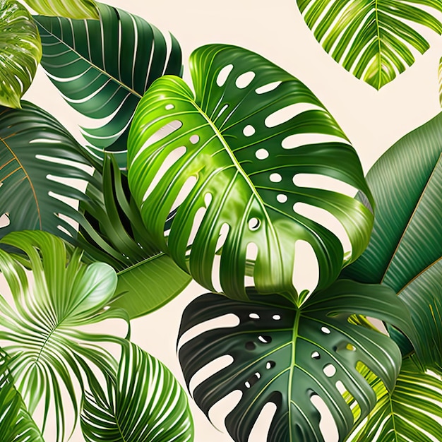 Tropical foliage plants variegated leaves of monstera and alocasia popular rainforest houseplants on