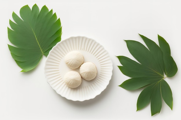 Tropical foliage and tasty Japanese mochi on a white background with room for text