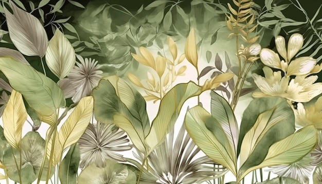 Tropical foliage watercolor background vector Summer botanical design with gold line art palm leaves green watercolor texture Luxury tropical illustration for banner generate ai