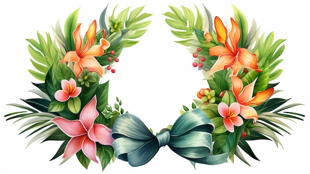 Tropical foliage wreath with ribbon in watercolor