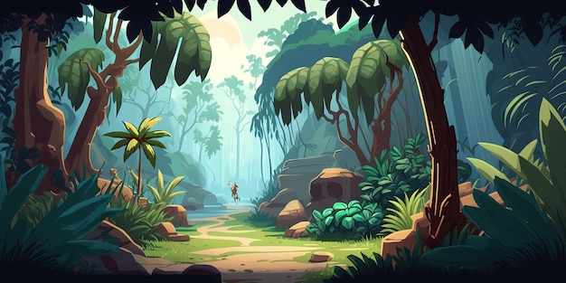 Тропический лес 2D игровой фон Цифровая иллюстрация декораций для приключенческой игры AI