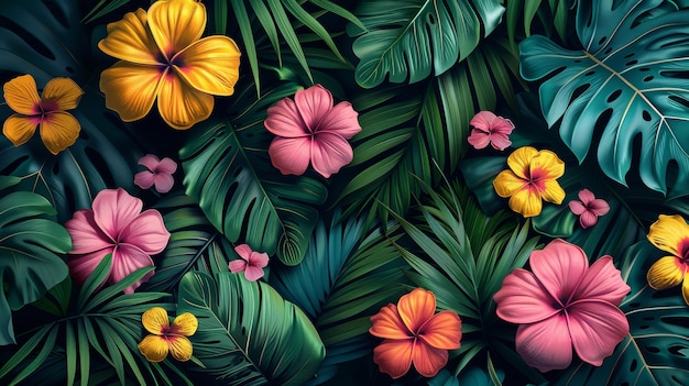エキゾチックな花と葉の熱帯森林アートデコの壁紙 スプリットリーフ フィロデンドロン モンスター ジャングル植物 流行の背景にラインアート 近代的なイラスト