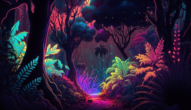 Tropical forest illustration with neon glow and vivid