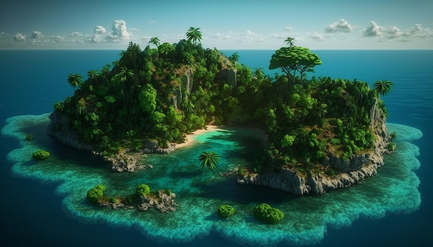 Tropical forest island meddle ocean image Ai generated art