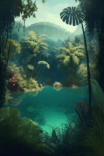 Tropical forest and lake backgroundGenerative AI