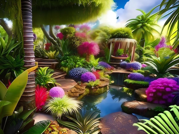 Фото Тропический лес пейзаж тропического леса зачарованный тропический сад волшебный сад с облаками ai