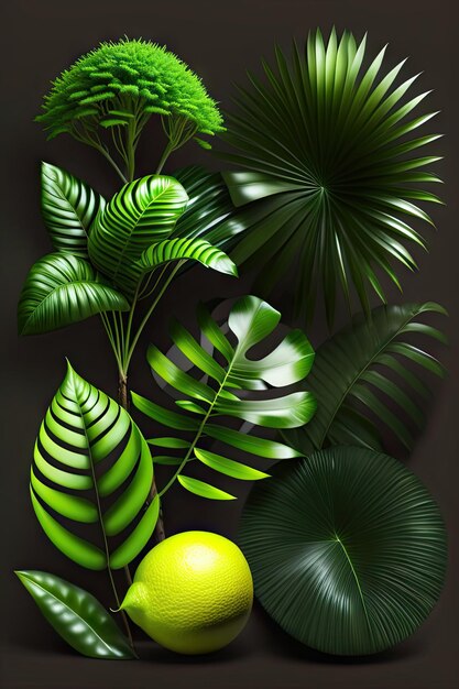 Фото Тропические лесные растения зеленые листья на черном фоне папоротник монстера и лимонно-лаймовая драцена