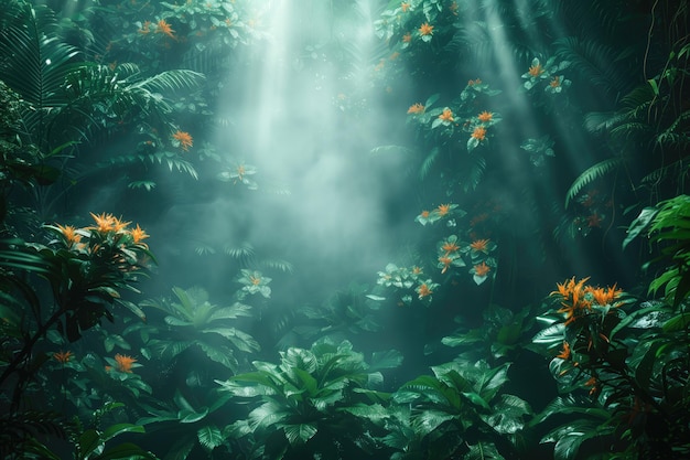 tropical forest vegetation light breaks through the fog