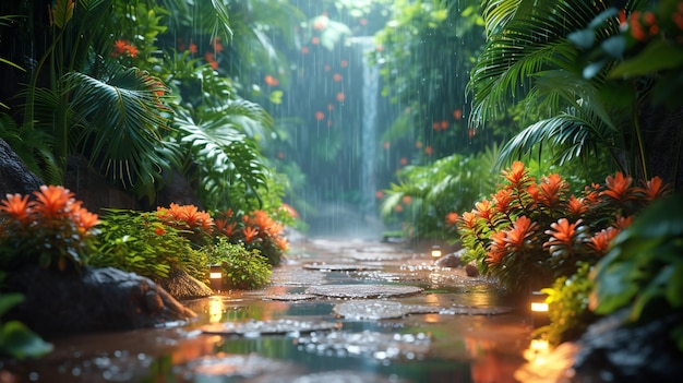 tropical forest waterfall with palm trees 3 d rendering illustration