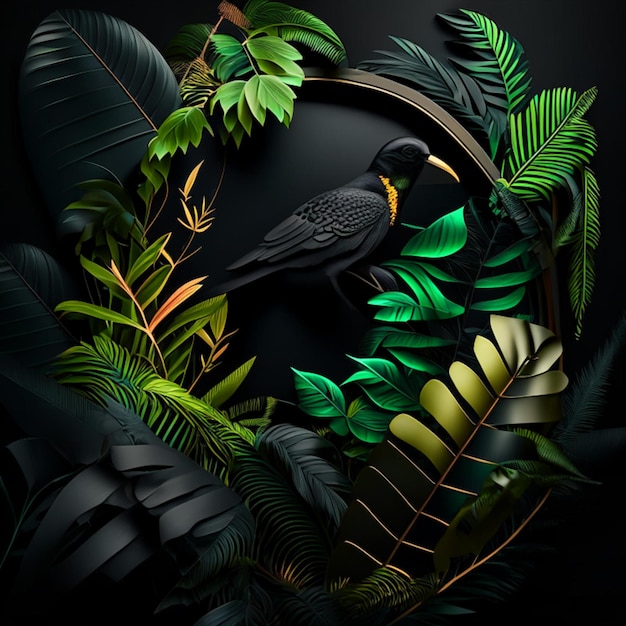 Tropical forest with a square frame on black background