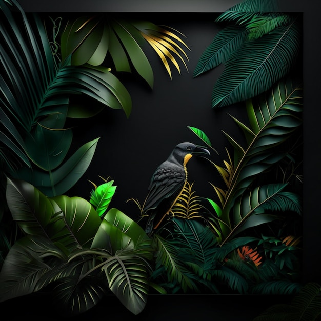 Tropical forest with a square frame on black background