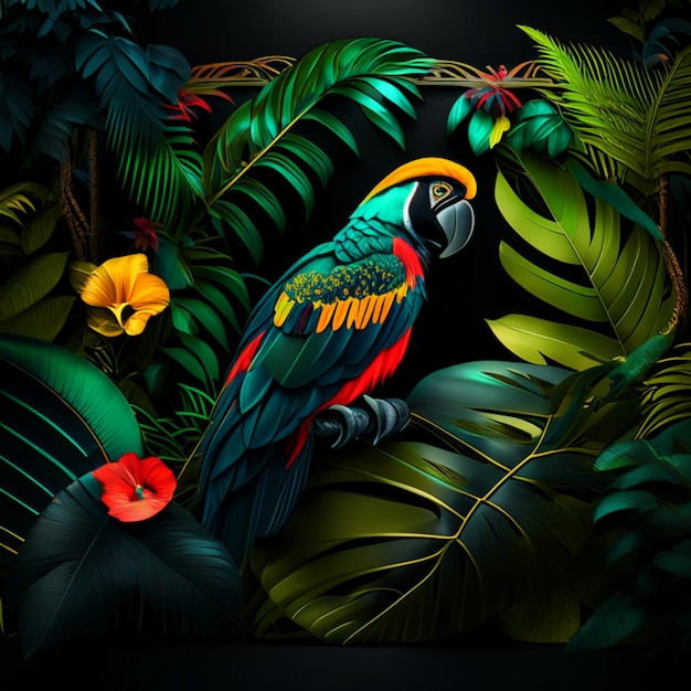 Tropical forest with a square frame on black background