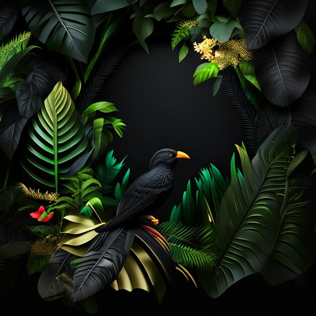 Tropical forest with a square frame on black background