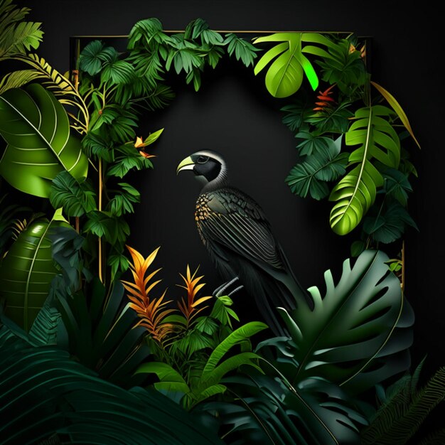 Photo tropical forest with a square frame on black background