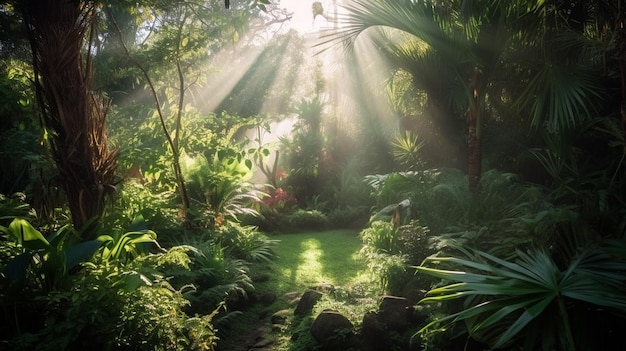 A tropical forest with the sun shining through the trees