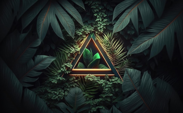 A tropical forest with a triangle in the middle and a tropical leaf on the bottom.