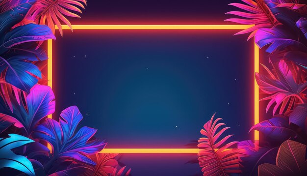 Tropical frame of flowers and leaves with space in the center in neon color spring concept