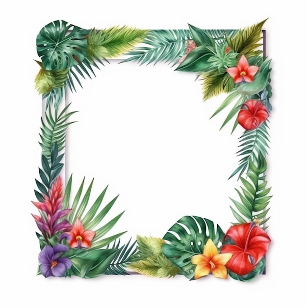 Photo tropical frame with flowers and leaves generative ai