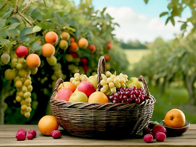 A tropical fruit in basket on wooden table with farm background