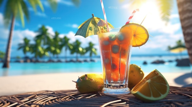 tropical fruit cocktail with beach background