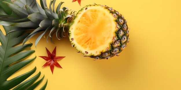 Photo tropical fruit delight fresh halved fruits with monstera leaf top view on soft color backdrop ai generated