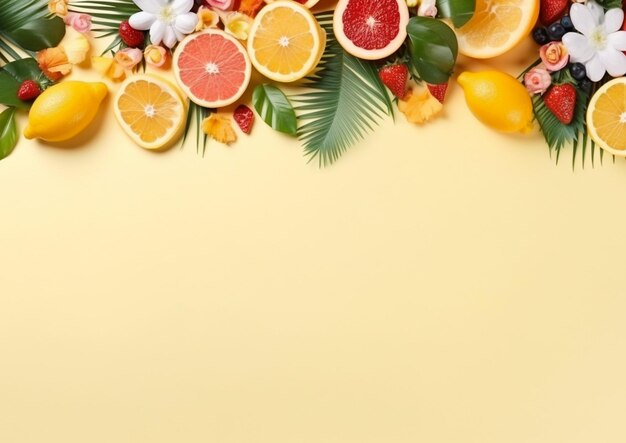 A tropical fruit display with a tropical leaf on the top