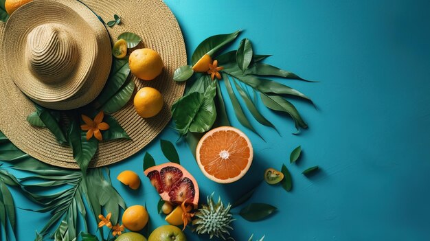 A tropical fruit and a hat with a tropical leaf on the top