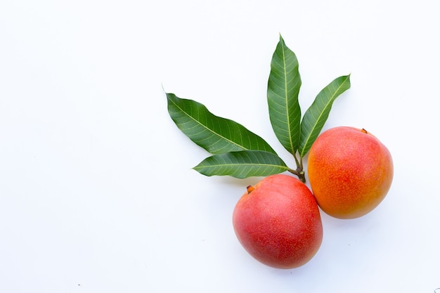 Frutta tropicale, mango sul muro bianco.