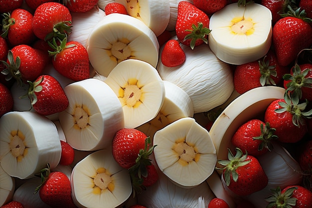 Photo tropical fruit pattern bananas strawberries and coconuts on vibrant background