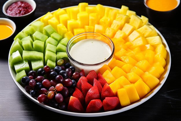 A tropical fruit platter with mango slices arranged in the shape of a flower