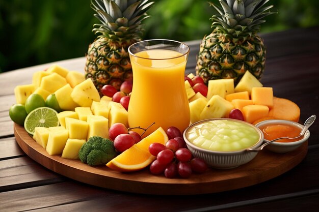 A tropical fruit platter with pineapple juice dipping sauce