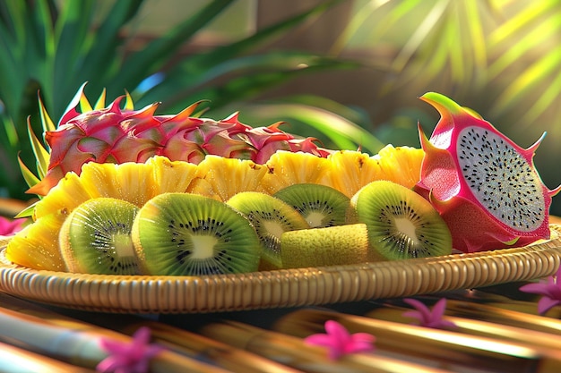 Foto un piatto di frutta tropicale con fette di ananas