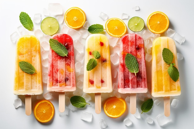 Tropical fruit popsicles on a white background