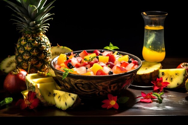 Foto un'insalata di frutta tropicale con succo di ananas spruzzato sopra