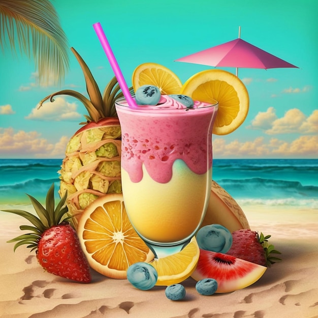 Tropical Fruit Smoothie on the Beach Generative ai