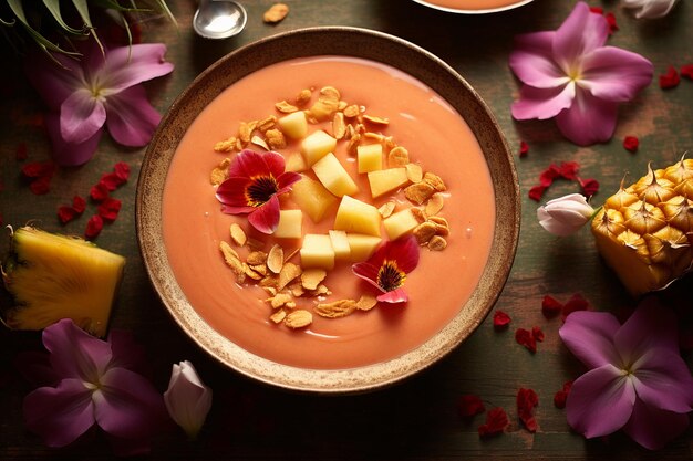 A tropical fruit smoothie bowl topped with pineapple chunks